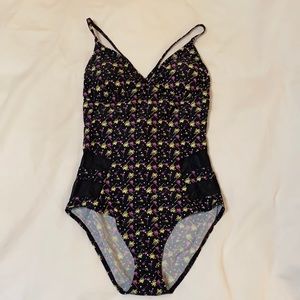 Bawdy Black Palm Tree One Piece Swimsuit, Medium